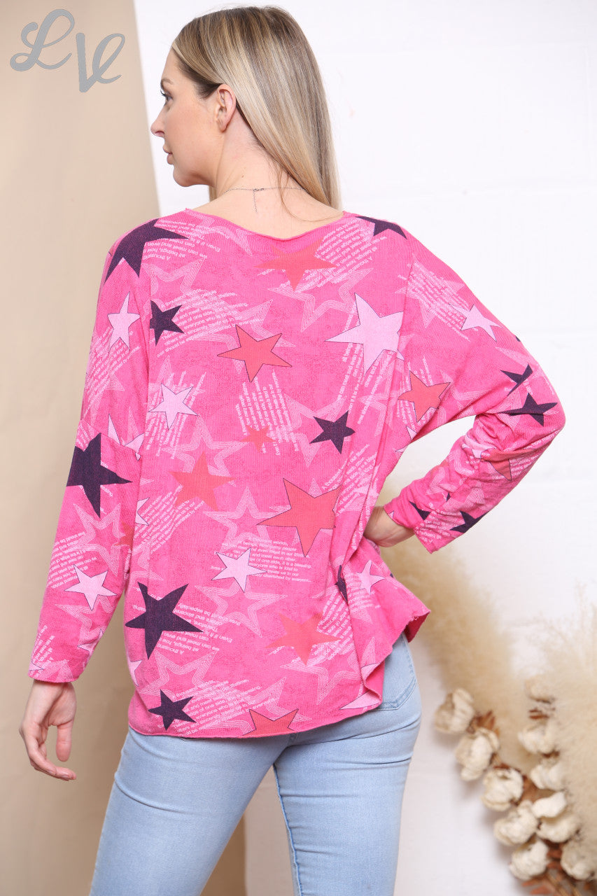 Ladies Star Print Fine Knit Jumper Top Cerise