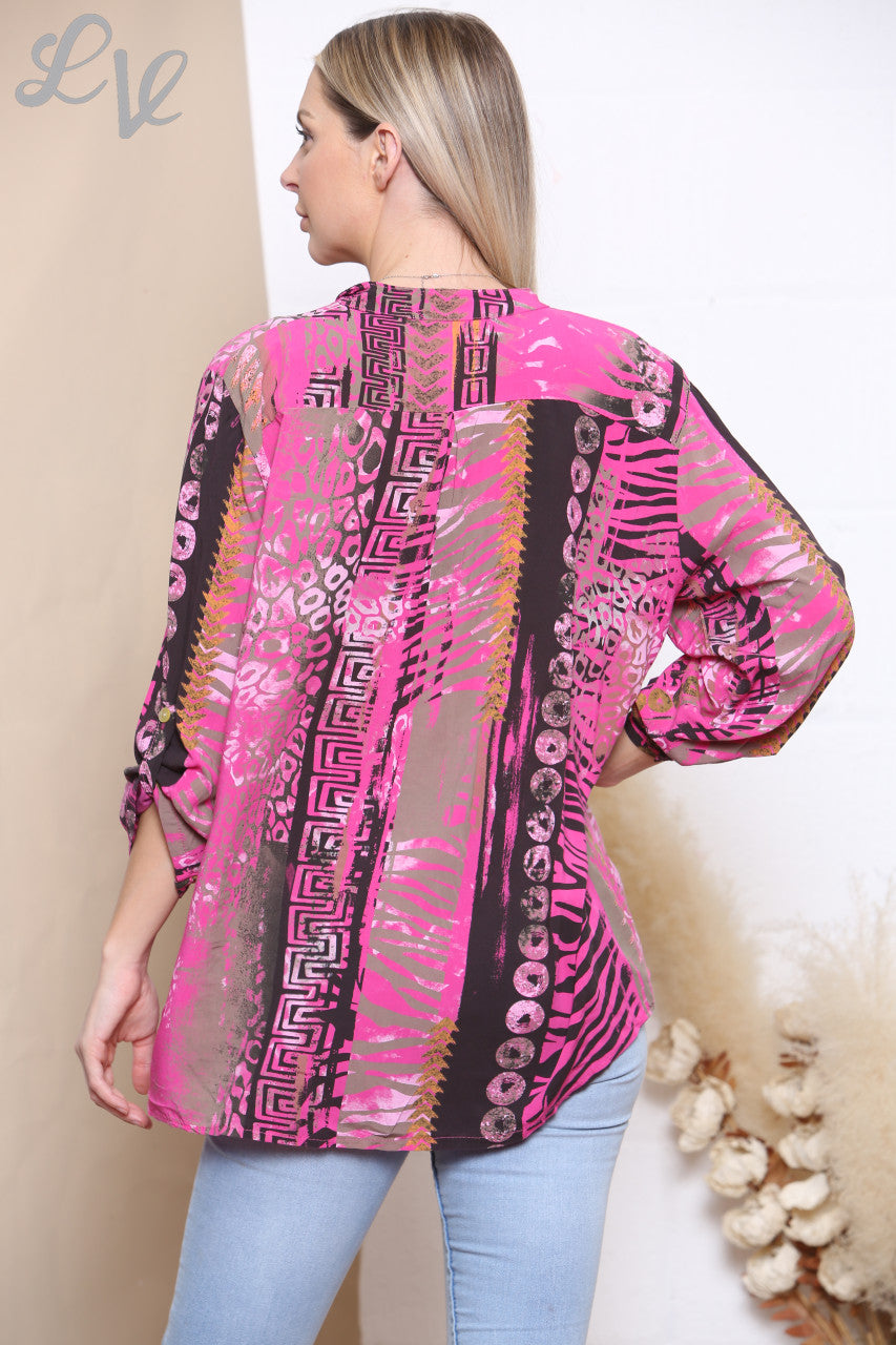 Ladies Mixed Print Shirt Top Cerise