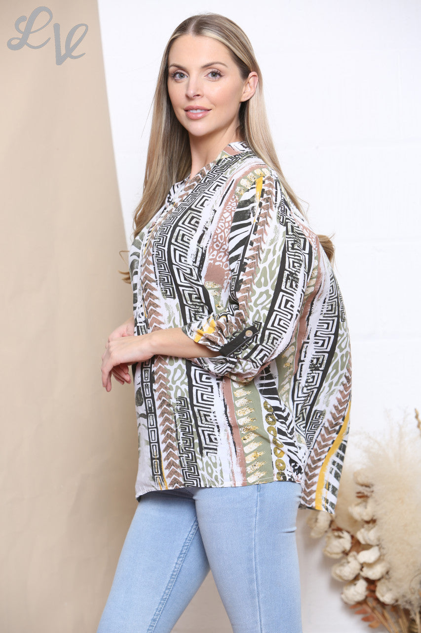 Ladies Mixed Print Shirt Top White