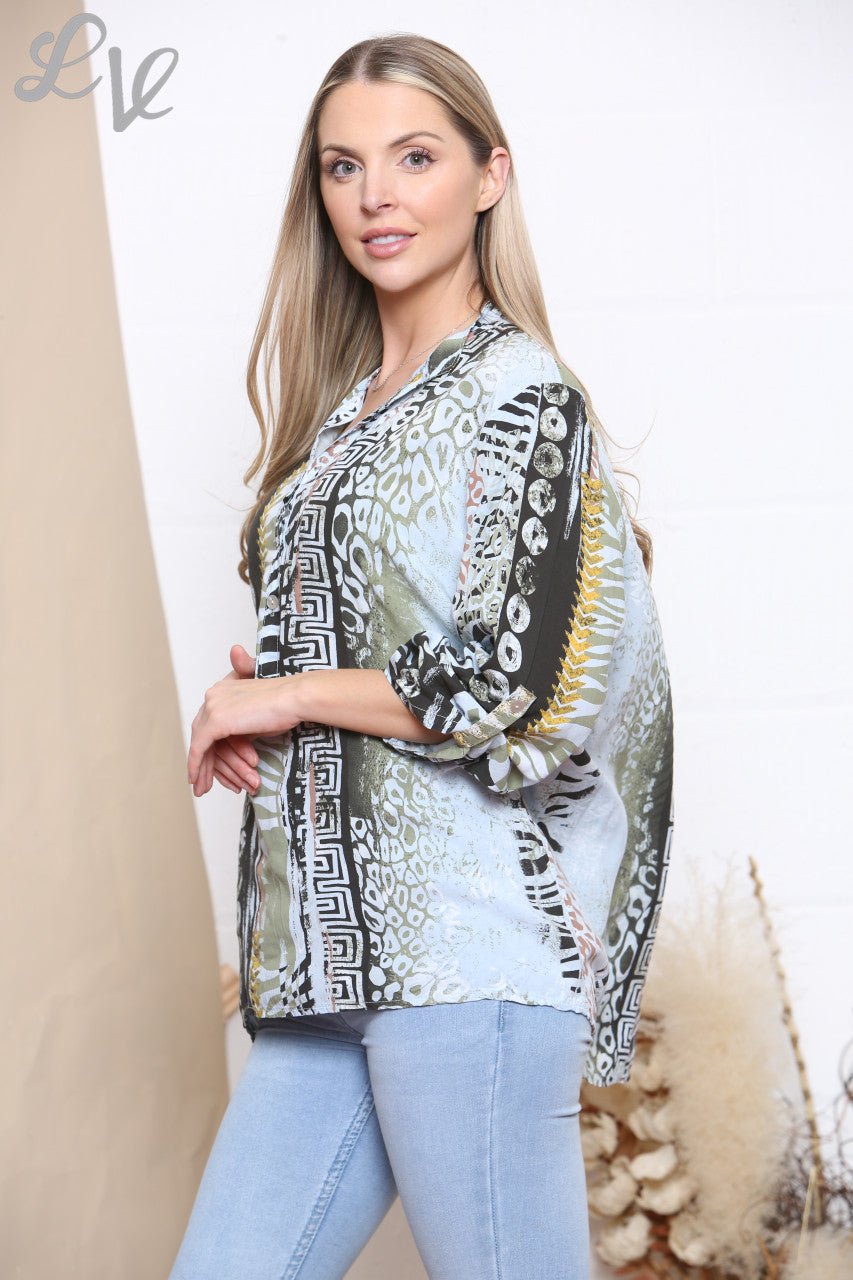Ladies Mixed Print Shirt Top Grey