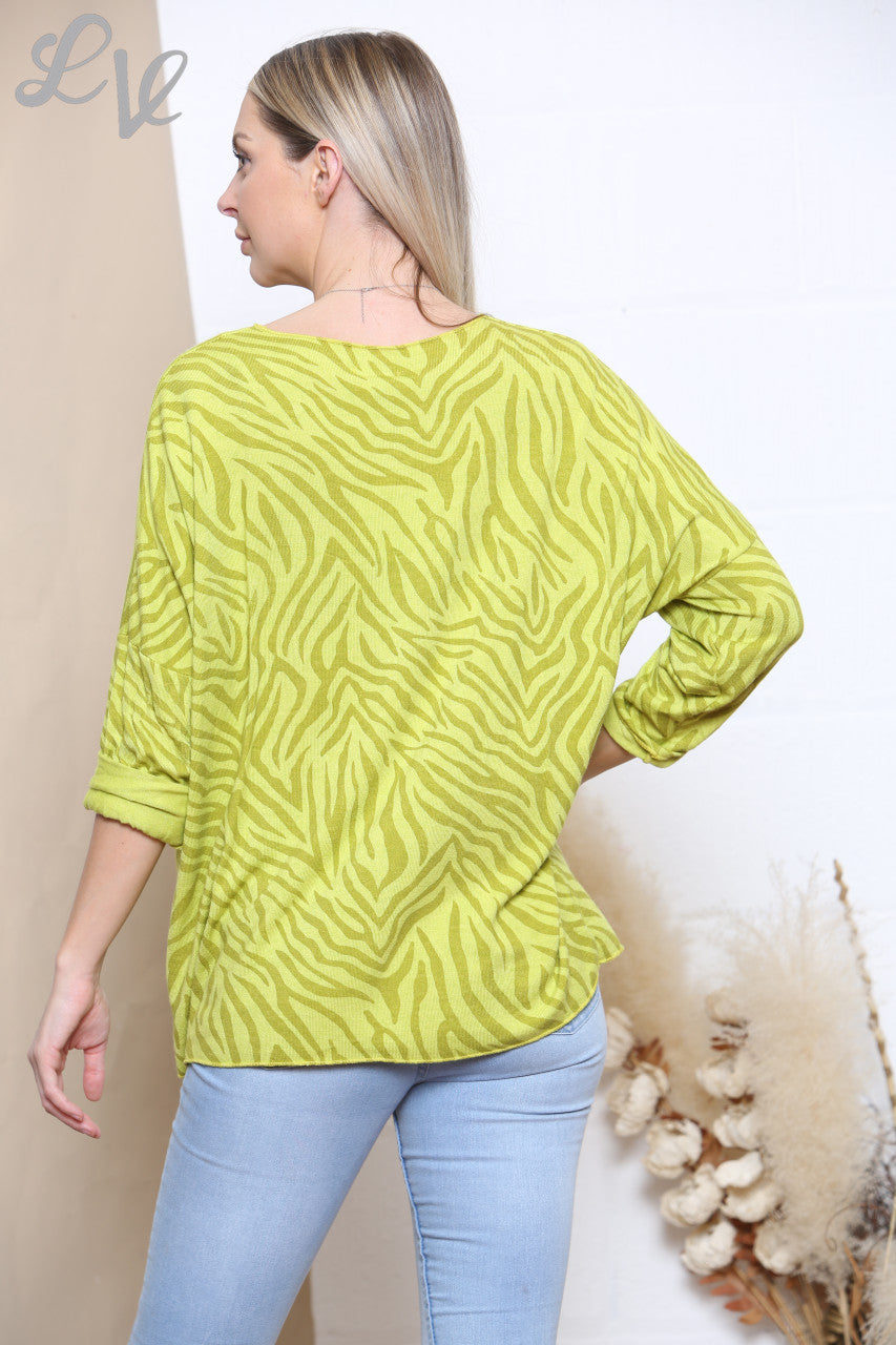 Ladies Zebra Print Fine Knit Jumper Top Lime