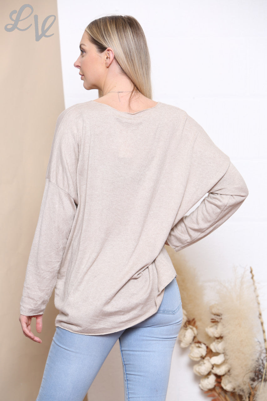 Ladies Tree Of Life Foil Print Fine Knit Jumper Top Stone