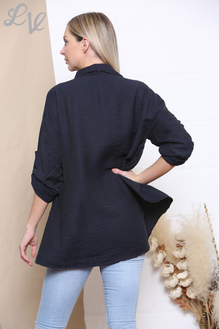 Ladies Plain Button Front Shirt Top Navy