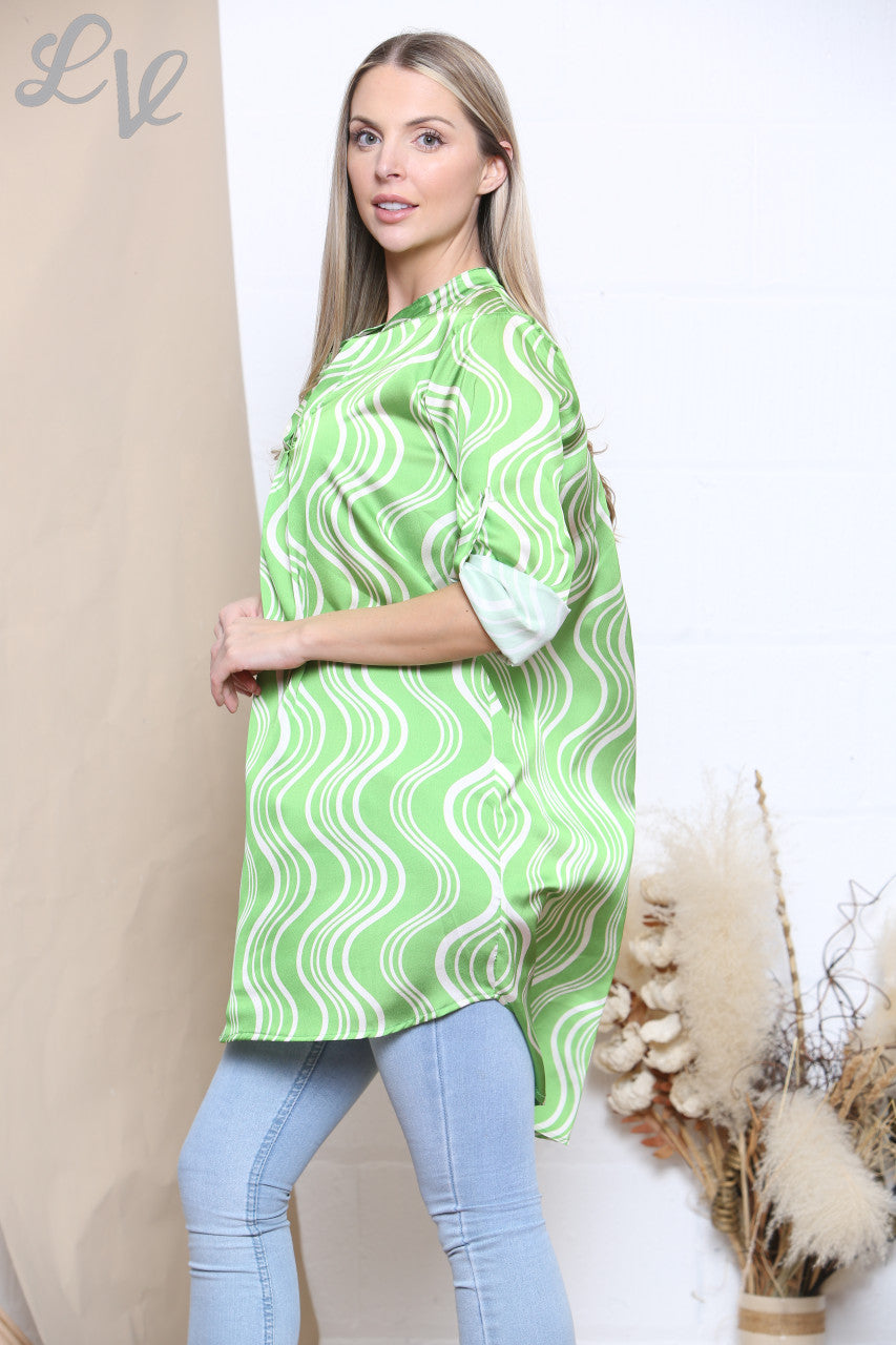 Ladies Squiggle Lines Shirt Tunic Top Lime