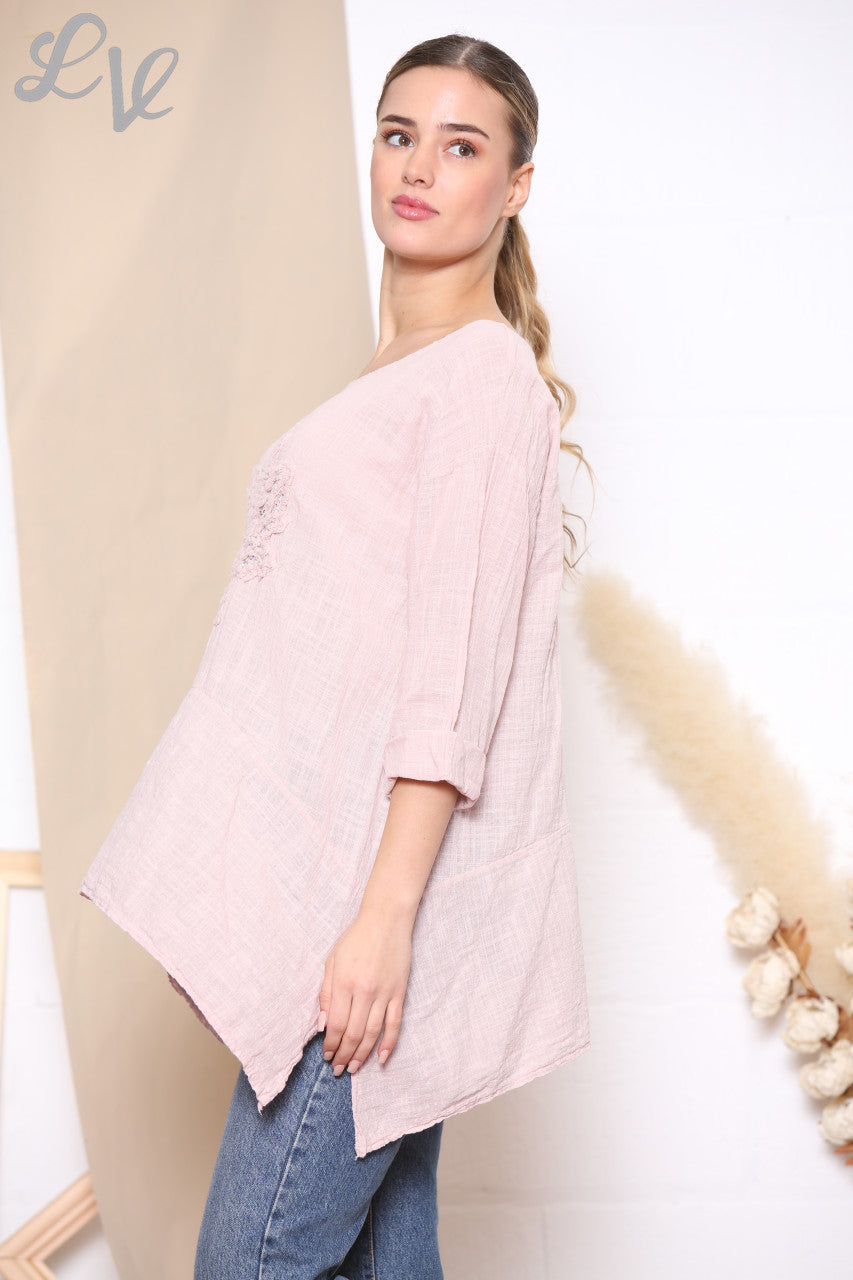 Dames Top Met Pailletten, Ruches En Bladprint Stoffig Roze