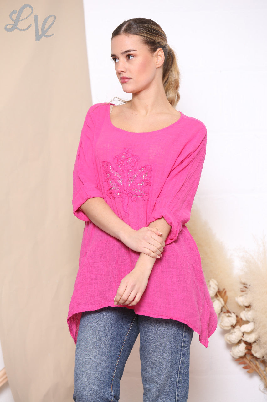 Dames Top Met Pailletten, Ruches En Bladprint Cerise