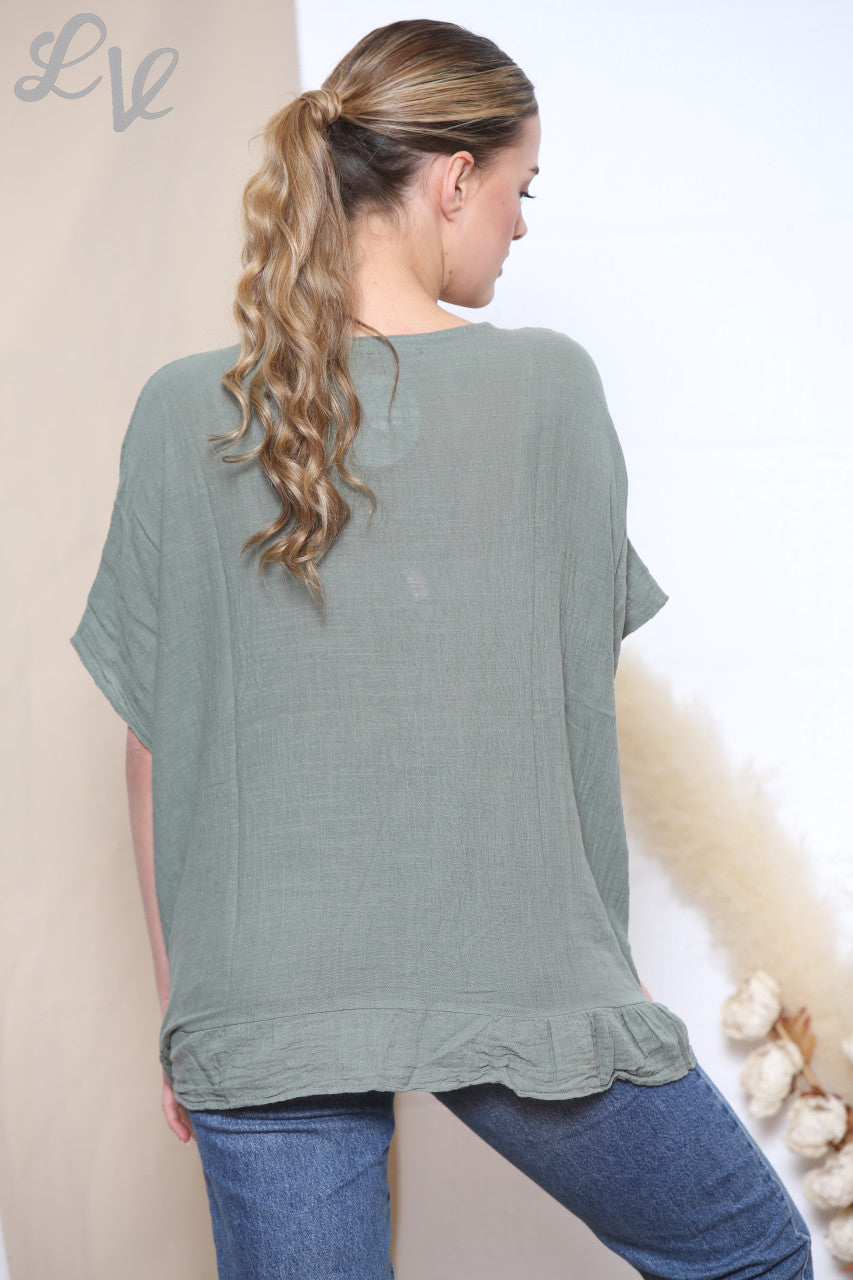 Dames top met ruches en ketting kaki