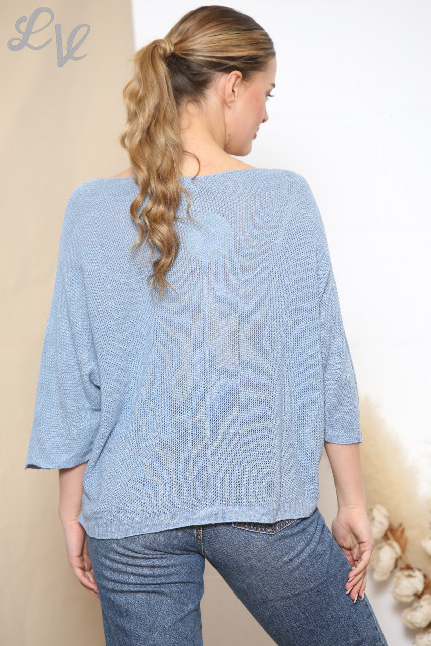 Ladies V-Neck Fine Gauge Knit Top Sky Blue
