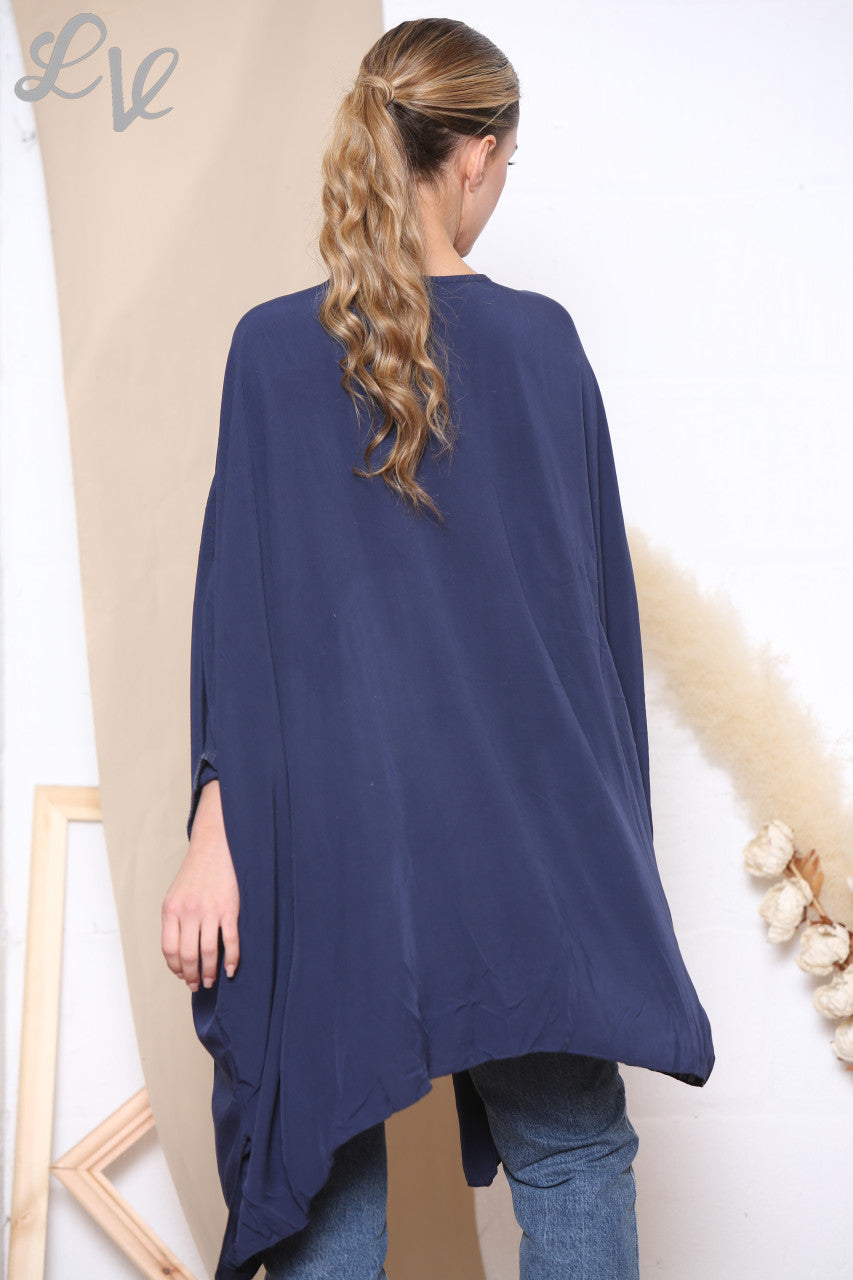 Dames Folie Bloemen Batwing Top Marineblauw