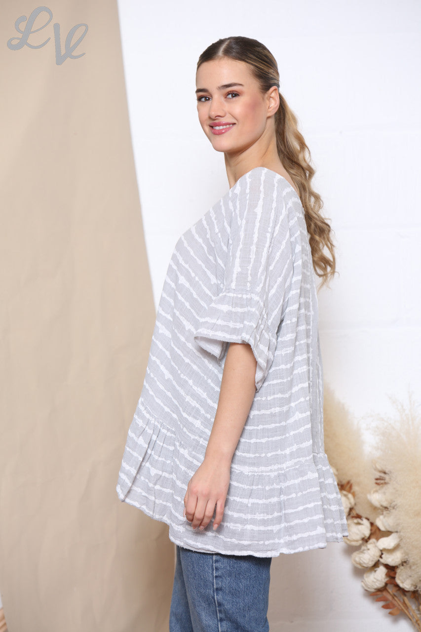 Ladies Striped Floaty Top Grey