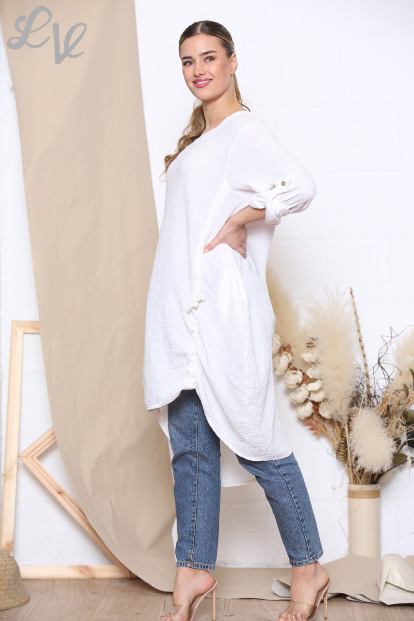 Ladies Drawstring Hem Tunic Top Dress White