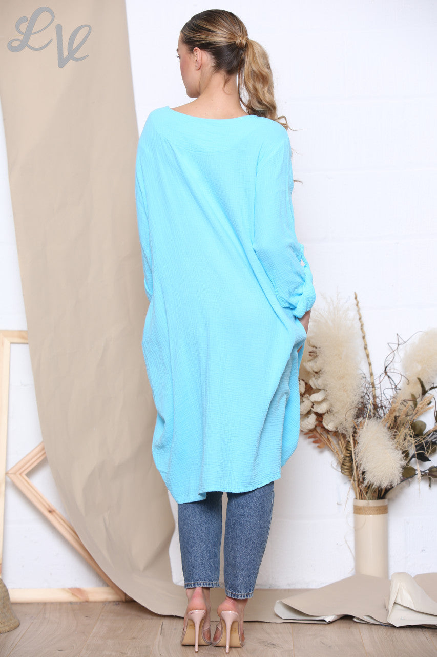 Ladies Drawstring Hem Tunic Top Dress Turquoise