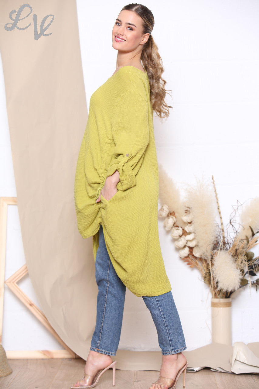 Ladies Drawstring Hem Tunic Top Dress Mustard