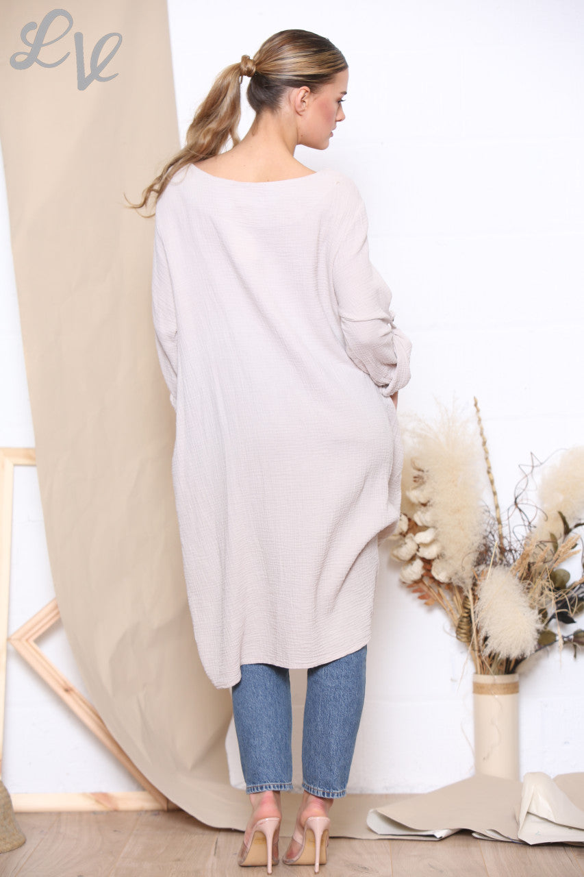 Ladies Drawstring Hem Tunic Top Dress Stone