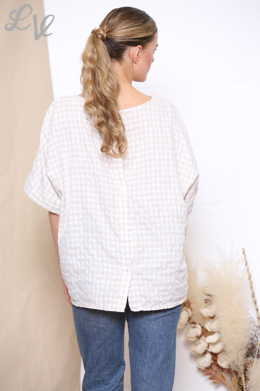 Dames Gingham Print Top met Knoopjes Achteraan Stoffig Roze