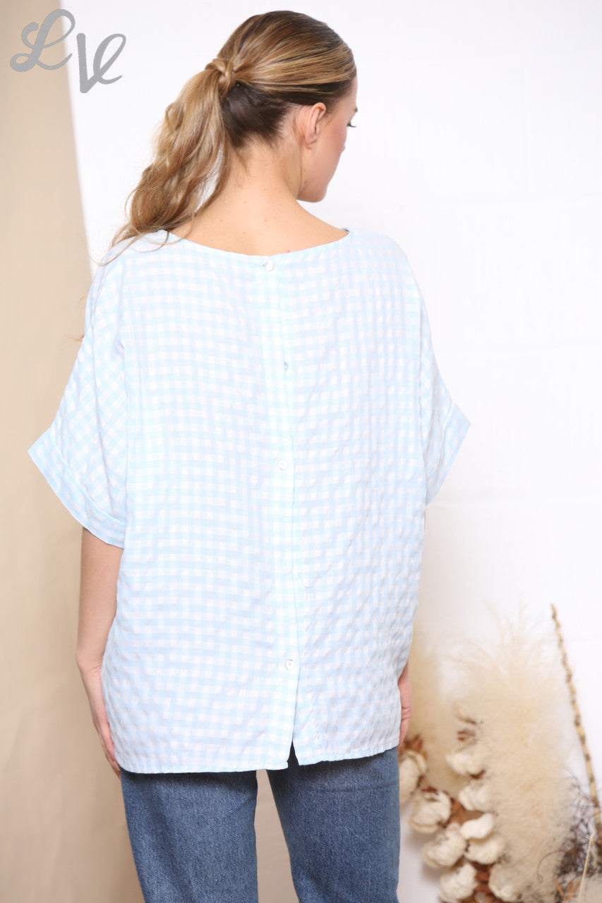 Ladies Gingham Print Button Back Detail Top Sky Blue