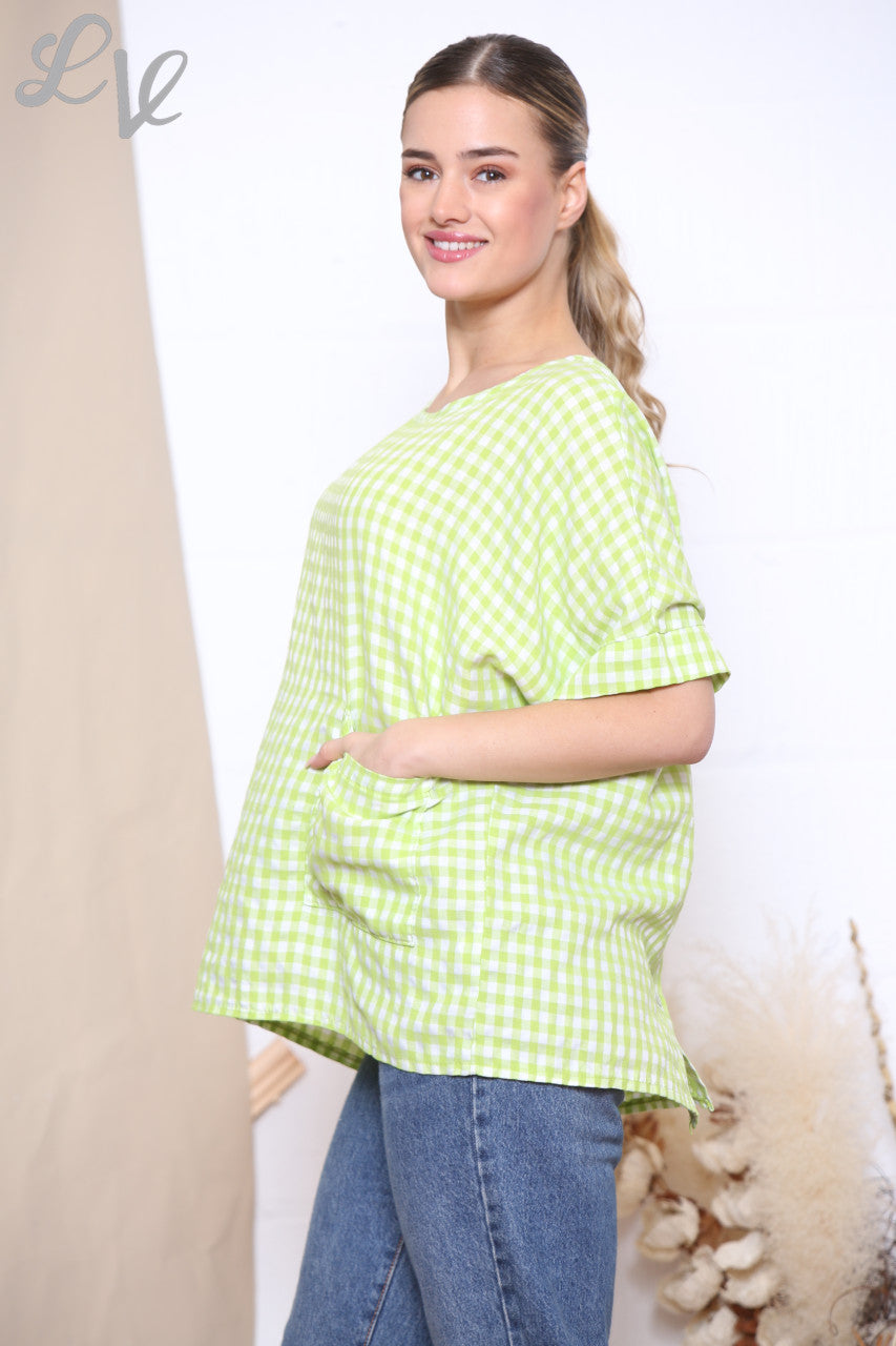 Dames Gingham Print Top met Knoopjesdetail op de Rug Limoen