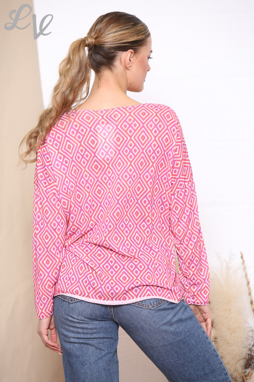 Dames Top Met Geometrische Ruitprint Cerise