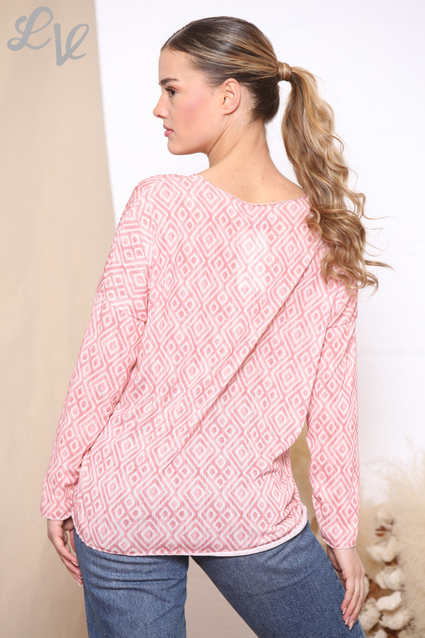 Ladies Geo Diamond Print Top Pink