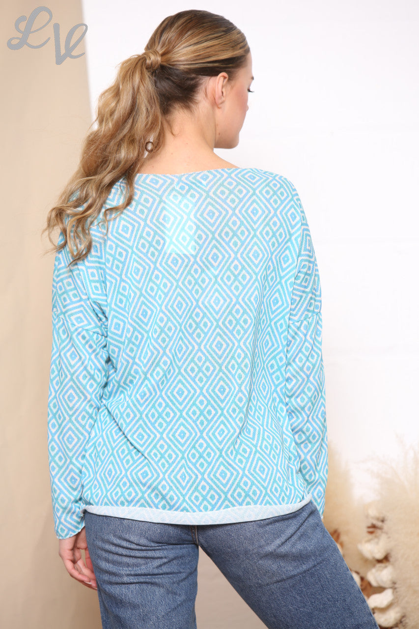 Ladies Geo Diamond Print Top Turquoise