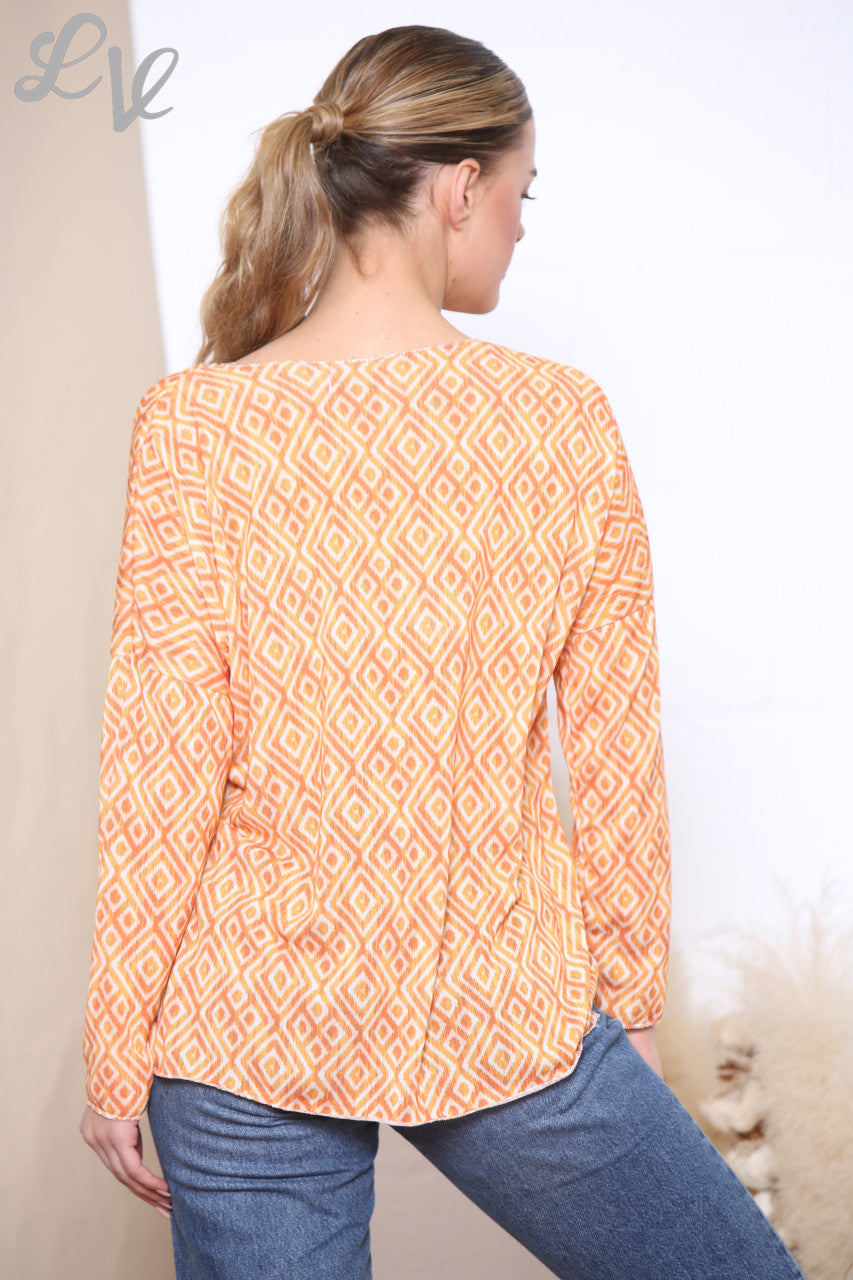 Dames top met geometrische ruitprint oranje