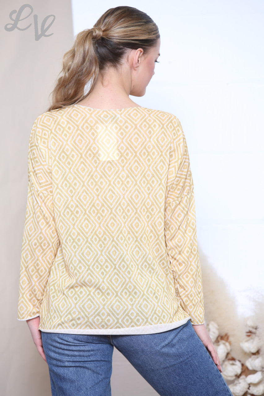 Ladies Geo Diamond Print Top Mustard