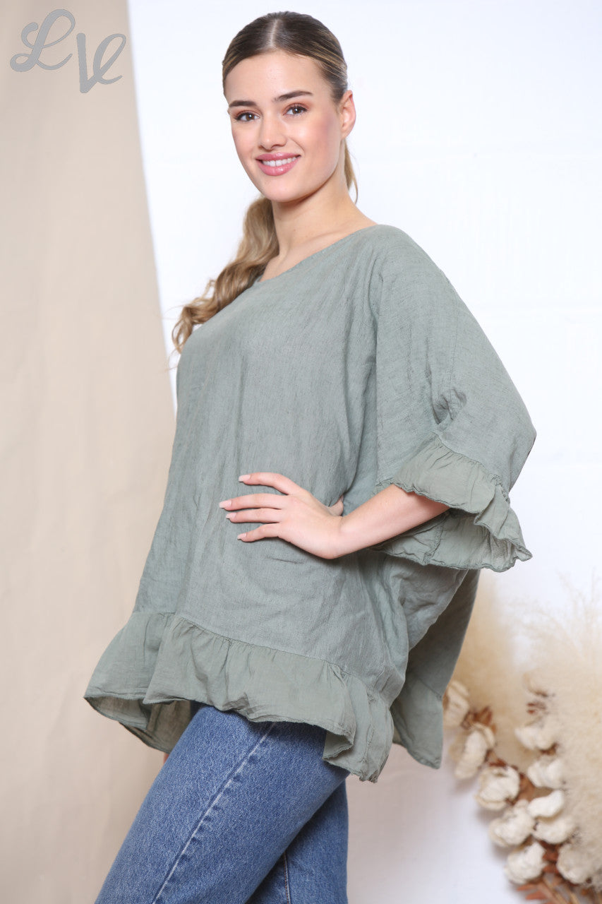 Ladies Floaty Hem & Sleeve Top Khaki