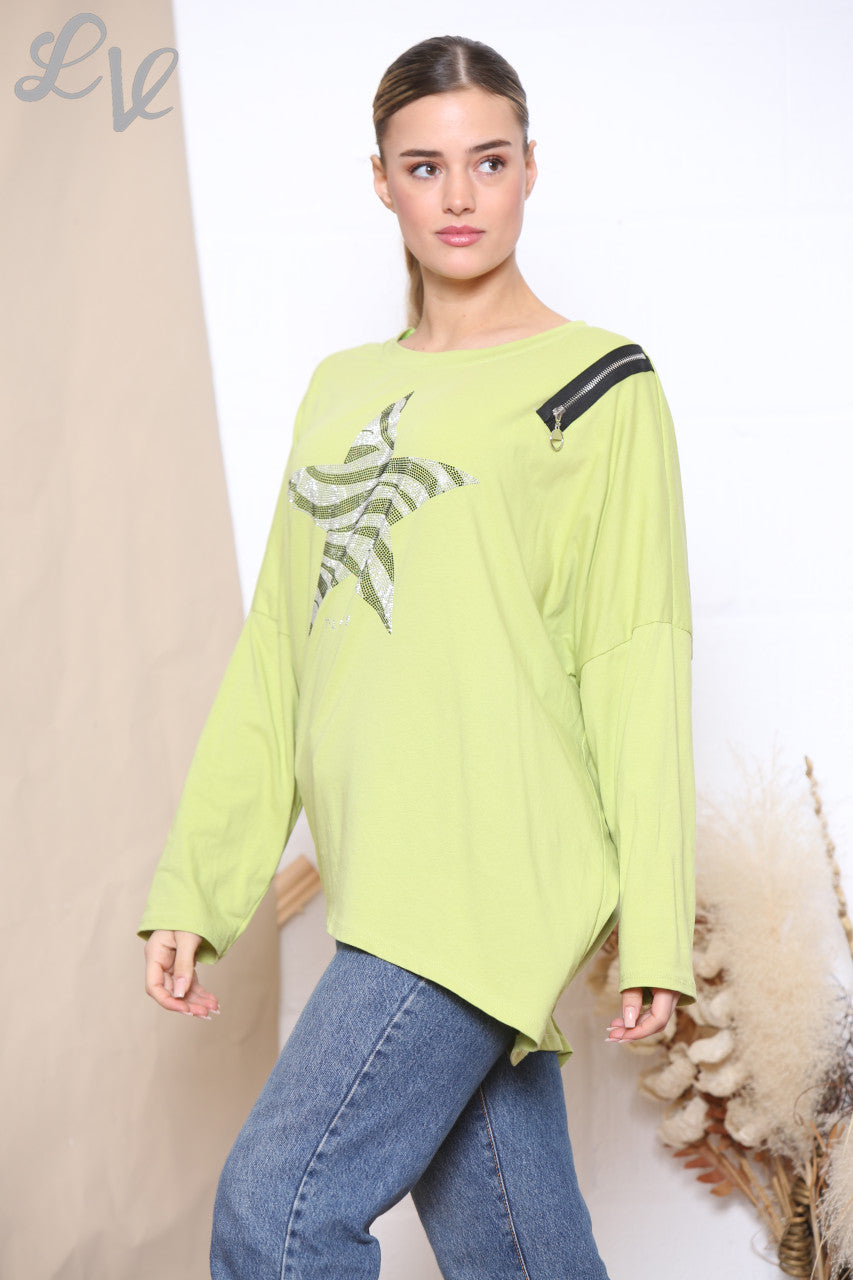 Ladies Sequin Star Zip Shoulder Sweatshirt Top Lime