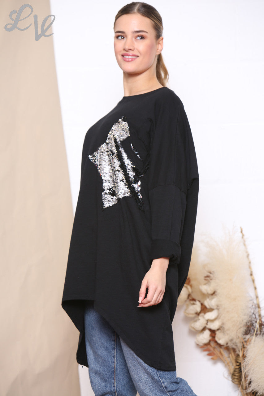 Ladies Sequin Star Patch Sweatshirt Top Black
