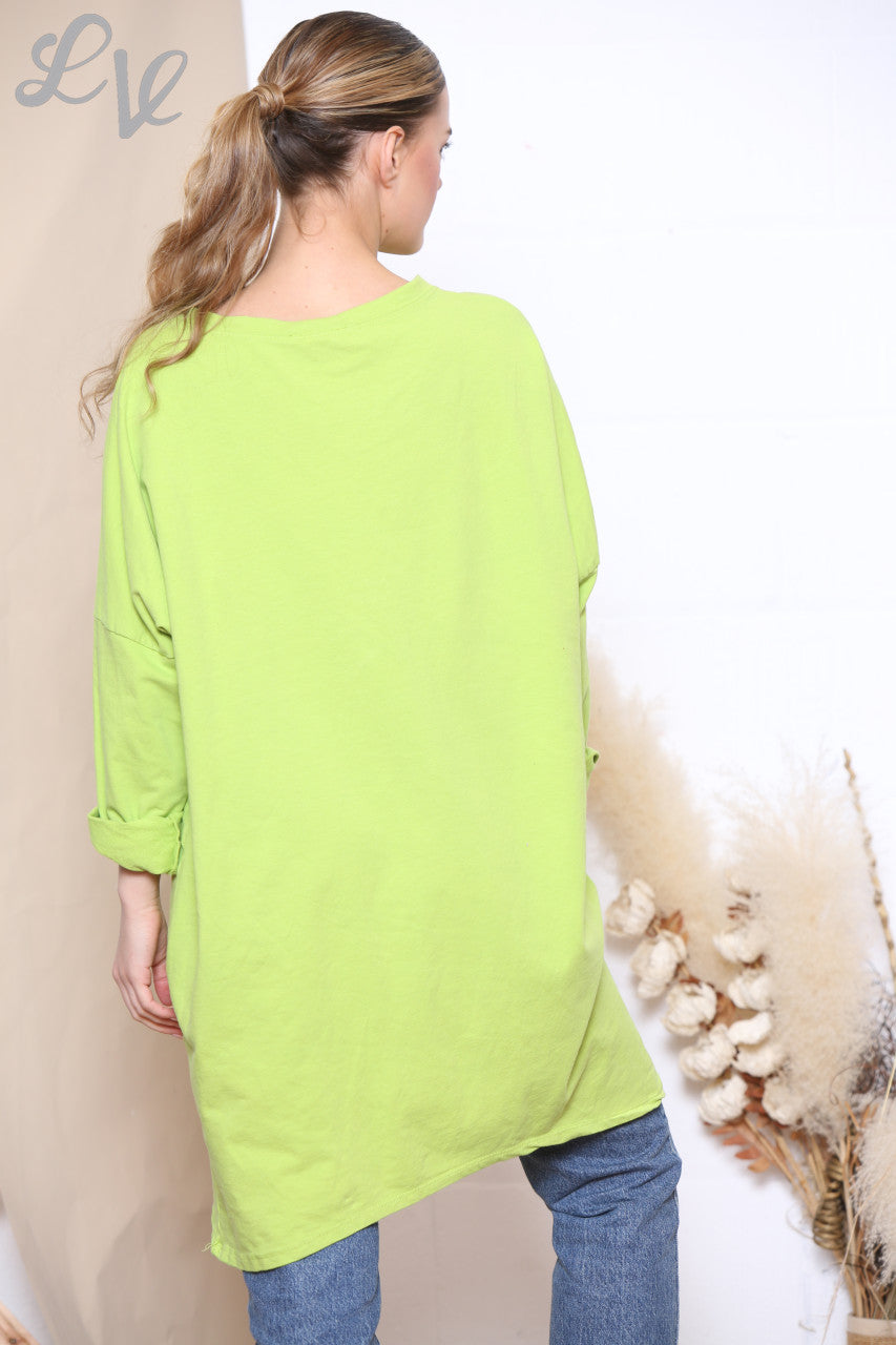 Dames sweatshirt met lovertjes sterapplicatie, limoengroen