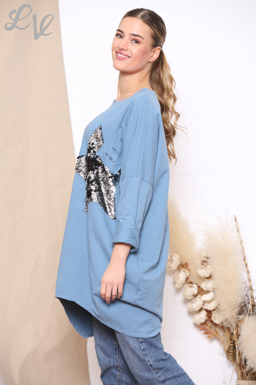 Ladies Sequin Star Patch Sweatshirt Top Denim