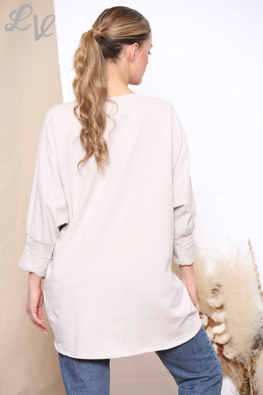 Ladies Glitter Pocket Sweatshirt Top Stone