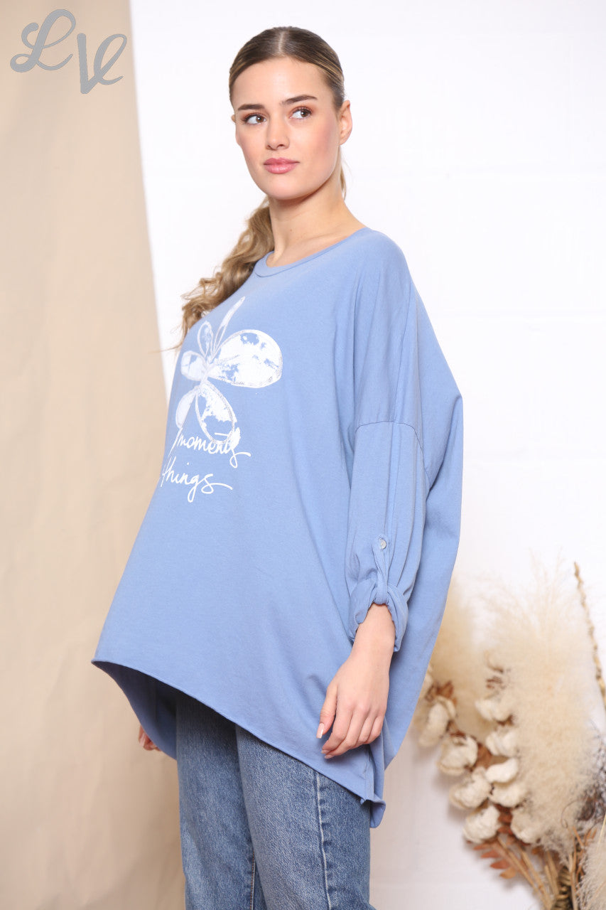 Ladies Flower Print 'Collect Moments Not Things' Top Denim