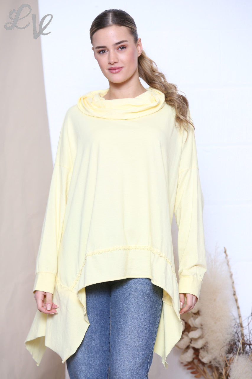 Ladies Cowl Neck Draped Sweatshirt Top Lemon