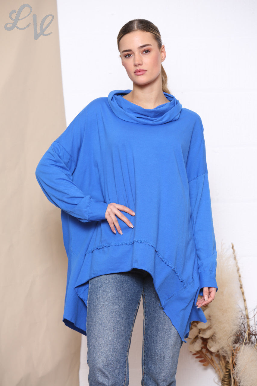Dames Sweatshirt Top met Couperende Col en Drapage Koningsblauw