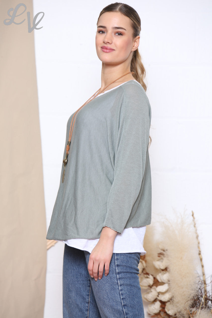 EFFEN TWEELAAGSE TOP MET KETTING - KHAKI
