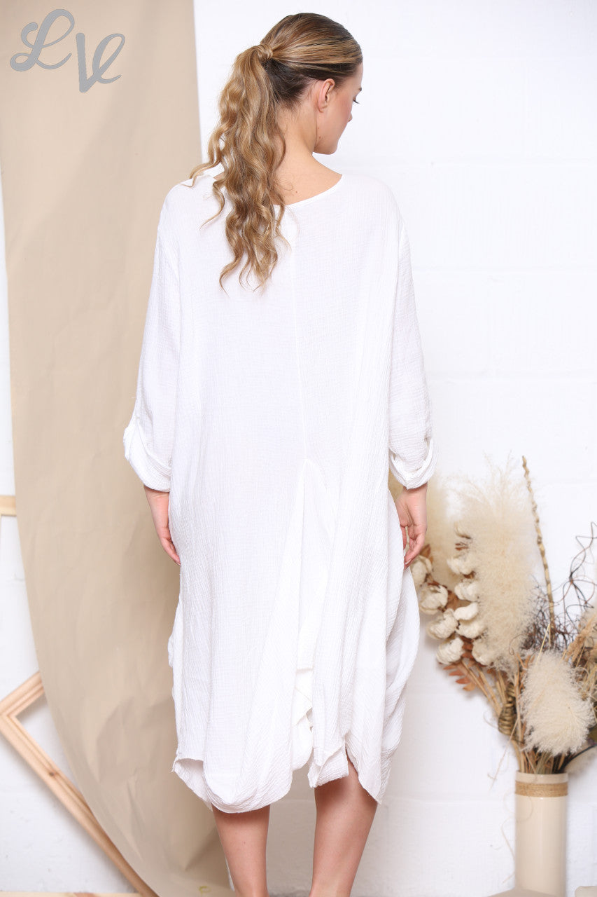 Ladies Relaxed Draped Dress Tunic Top White