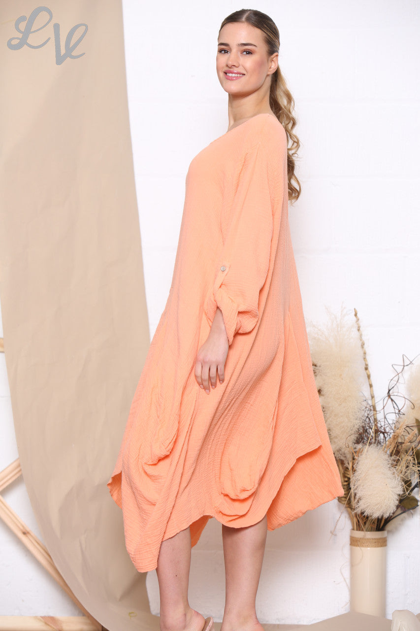Ladies Relaxed Draped Dress Tunic Top Orange