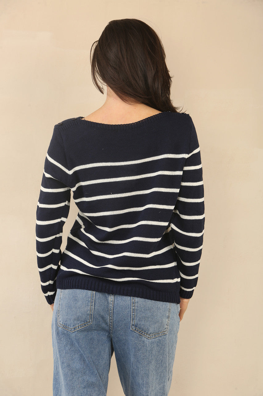 GEBREIDE STREEP LANGE MOUW TRUI TOP - NAVY/WIT