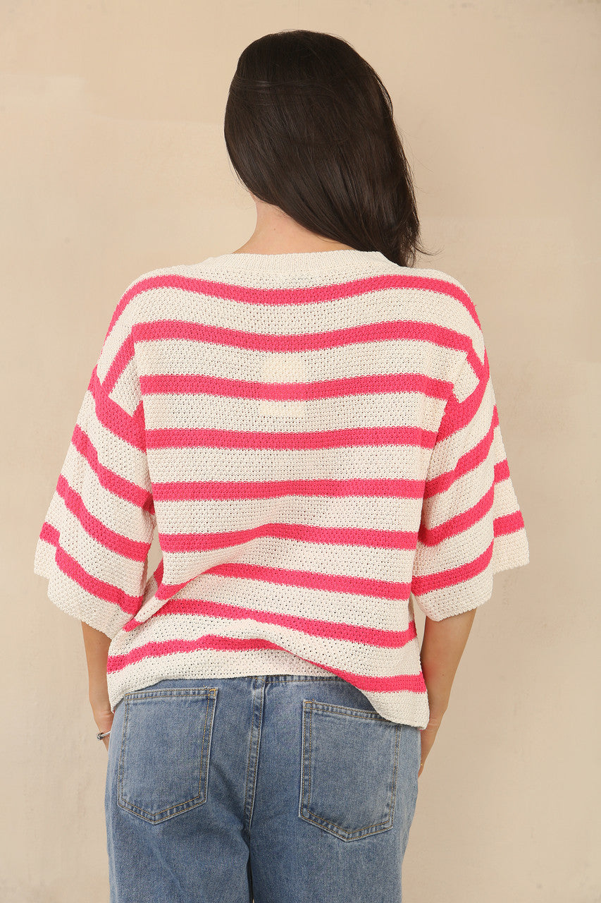 GEBREIDE GESTREEPTE TRUI MET 3/4 MOUWEN - WIT/KERSENROOD