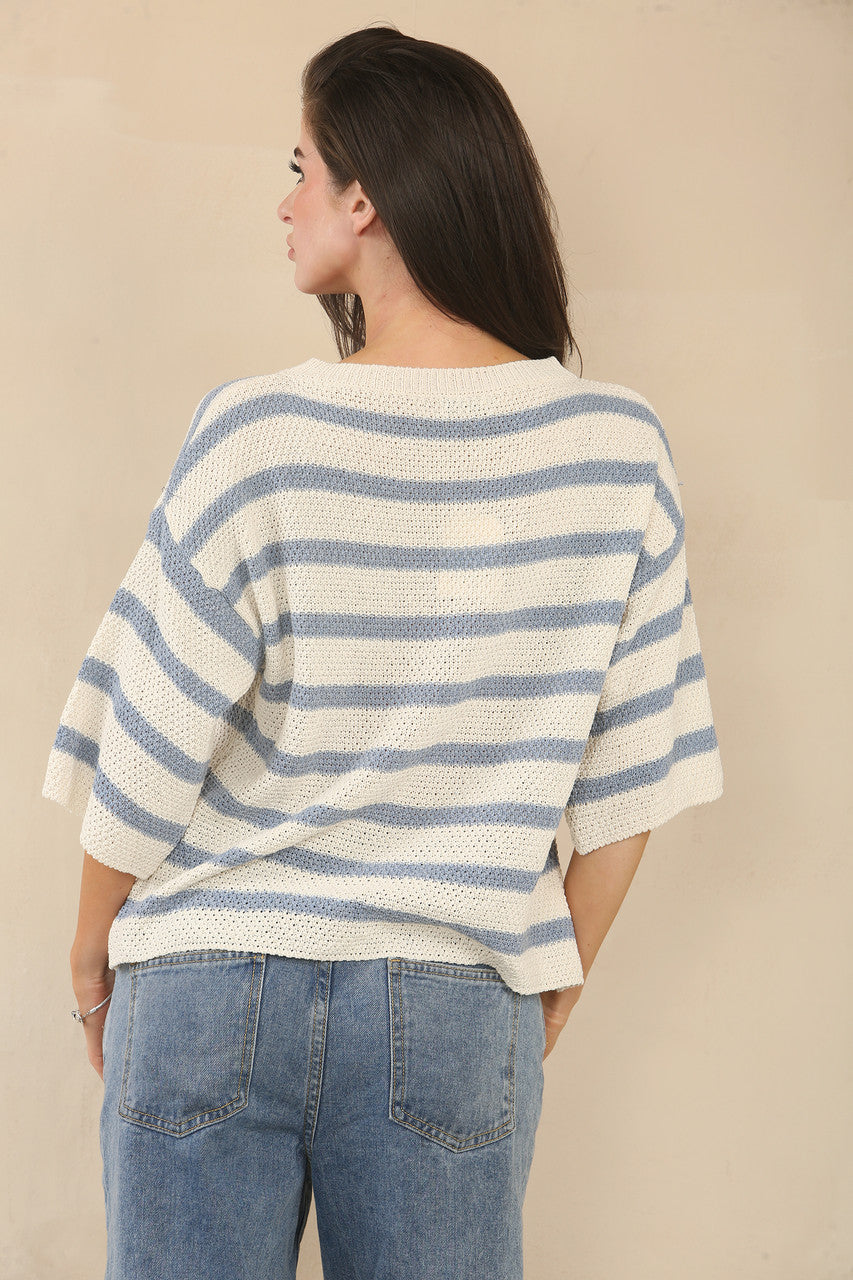 GEBREIDE GESTREEPTE TRUI MET 3/4 MOUWEN - WIT/DENIM