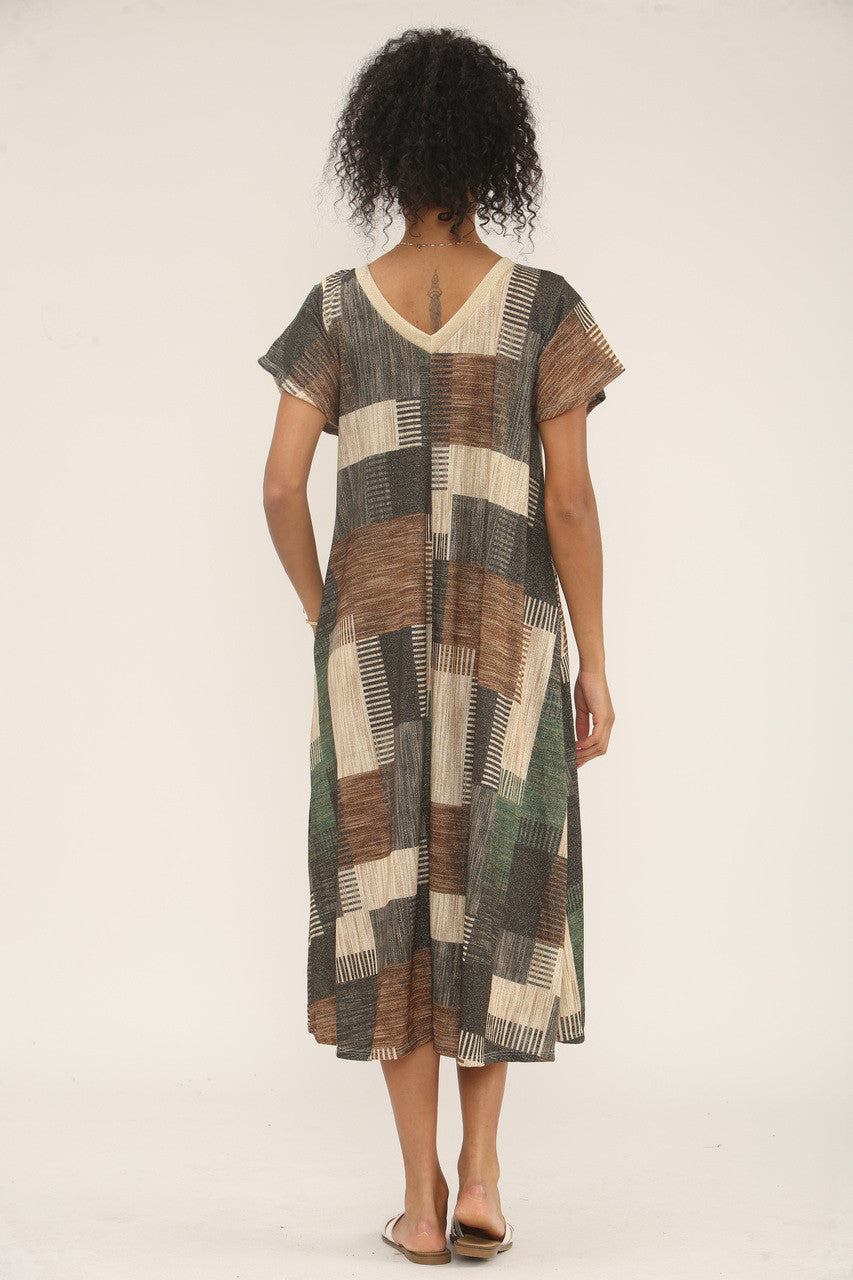 MIDI JURK MET LUREX PATCHWORKPRINT - GROEN/ZWART MIX