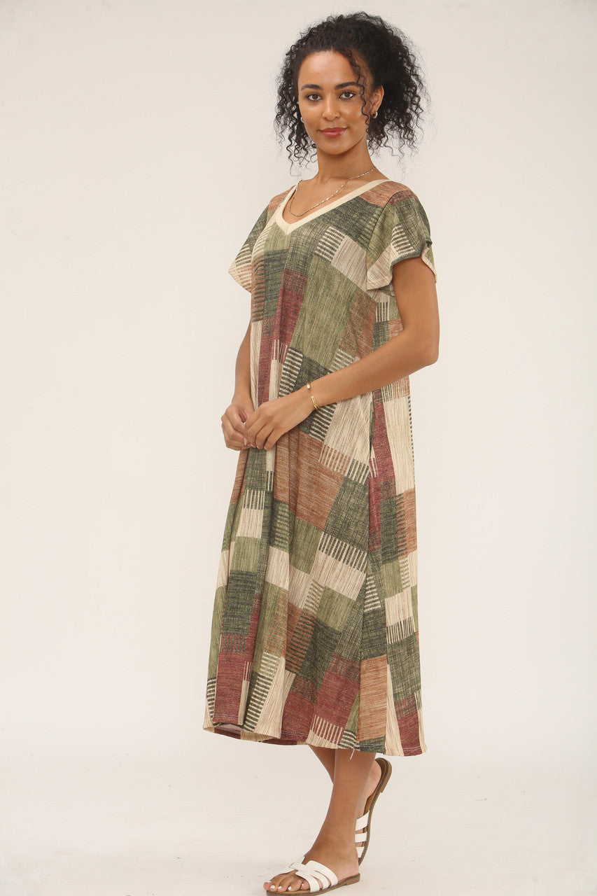 PATCHWORK LUREX PRINT MIDI JURK - GROEN/BRUIN MIX