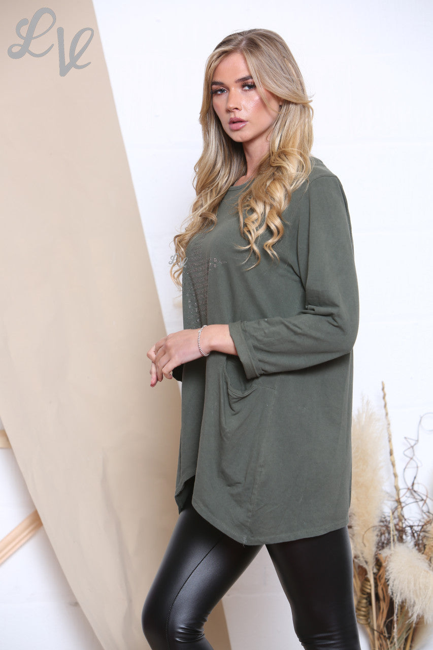 Ladies Sequin Star Top With Pockets Khaki Unit Price £9.99