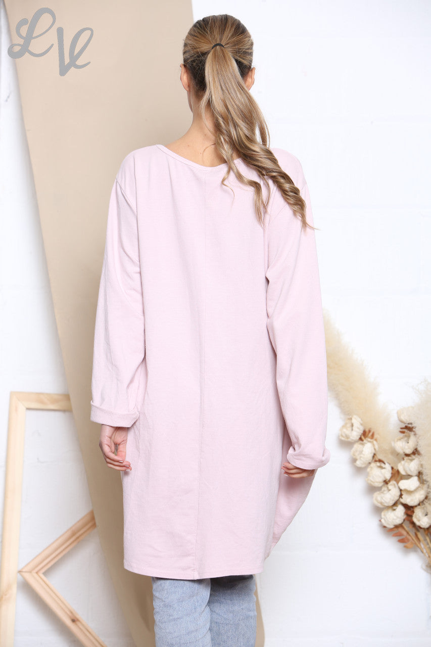 Ladies Square Foil Star Sweatshirt Top Dusty Pink