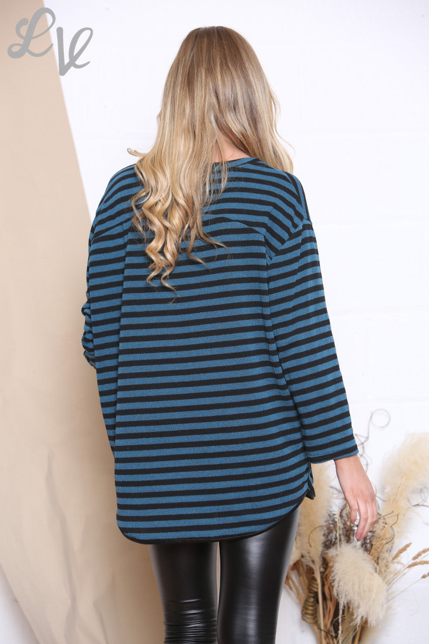 Dames gestreepte top met badge blauw Eenheidsprijs €8,99