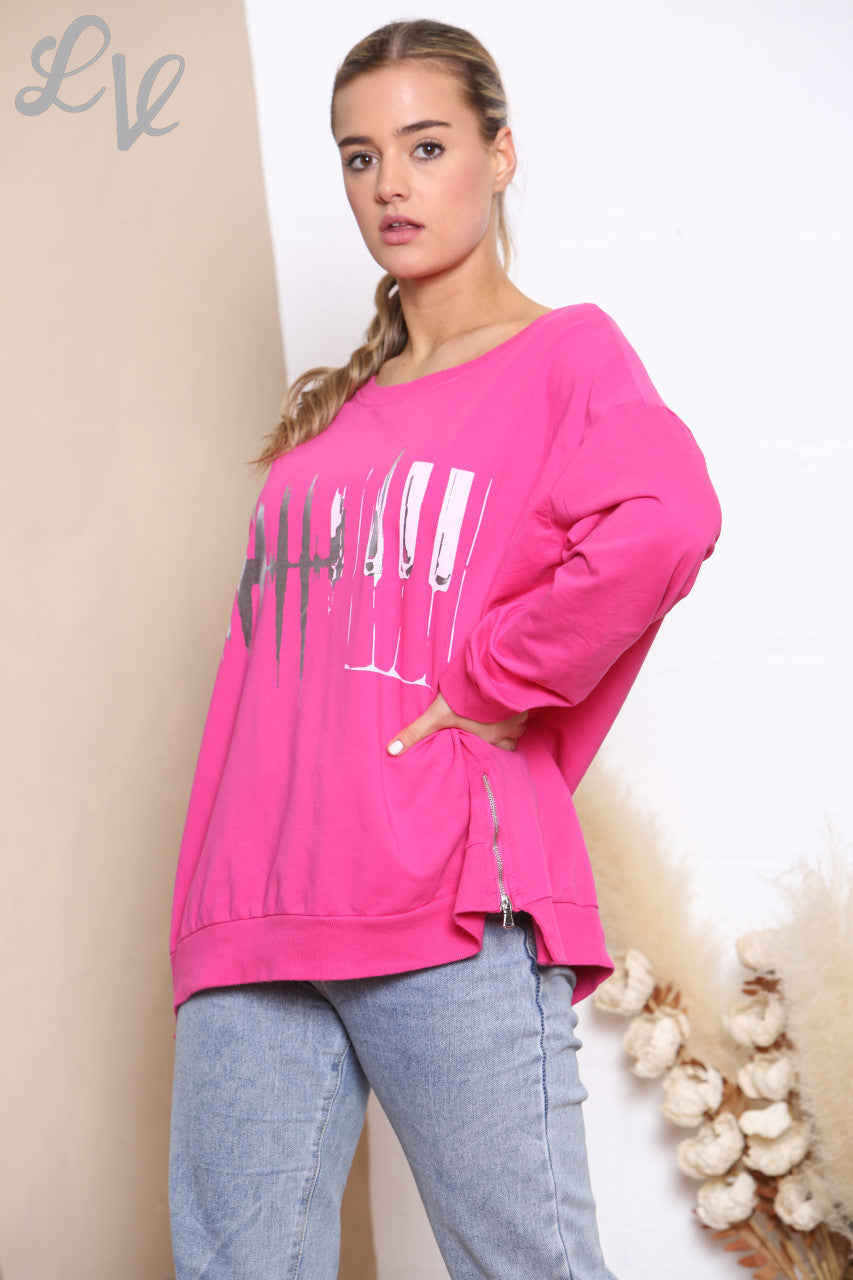 Ladies Foil Heartbeat Graphic Sweatshirt Top Cerise
