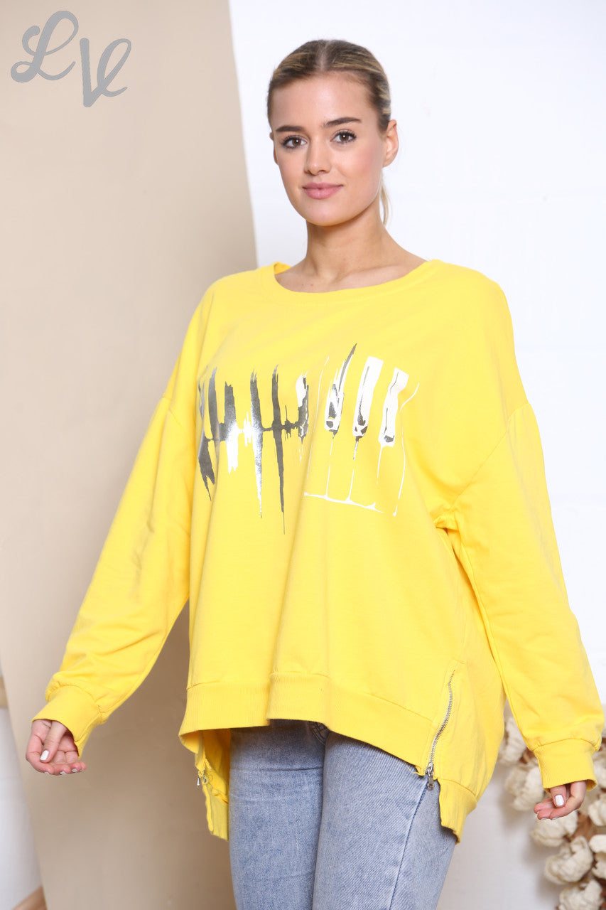 Ladies Foil Heartbeat Graphic Sweatshirt Top Lemon