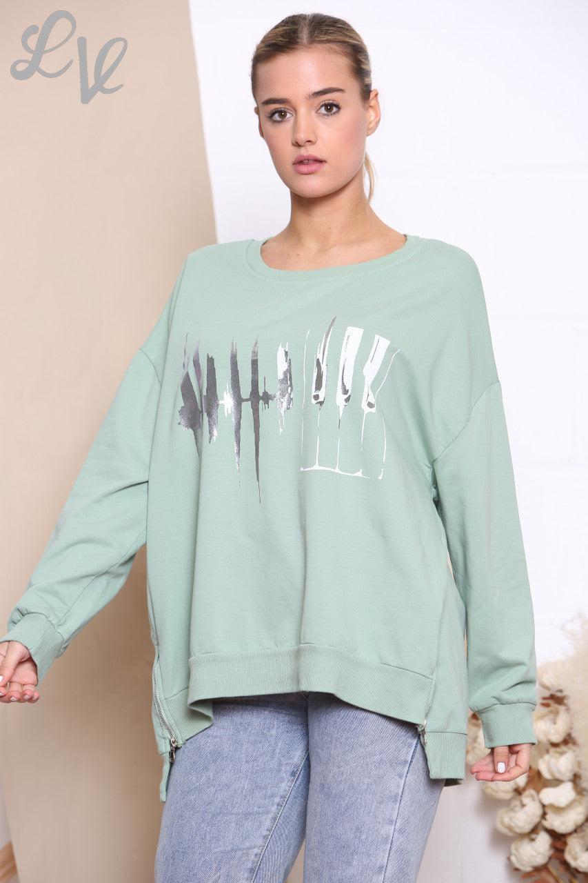 Ladies Foil Heartbeat Graphic Sweatshirt Top Mint