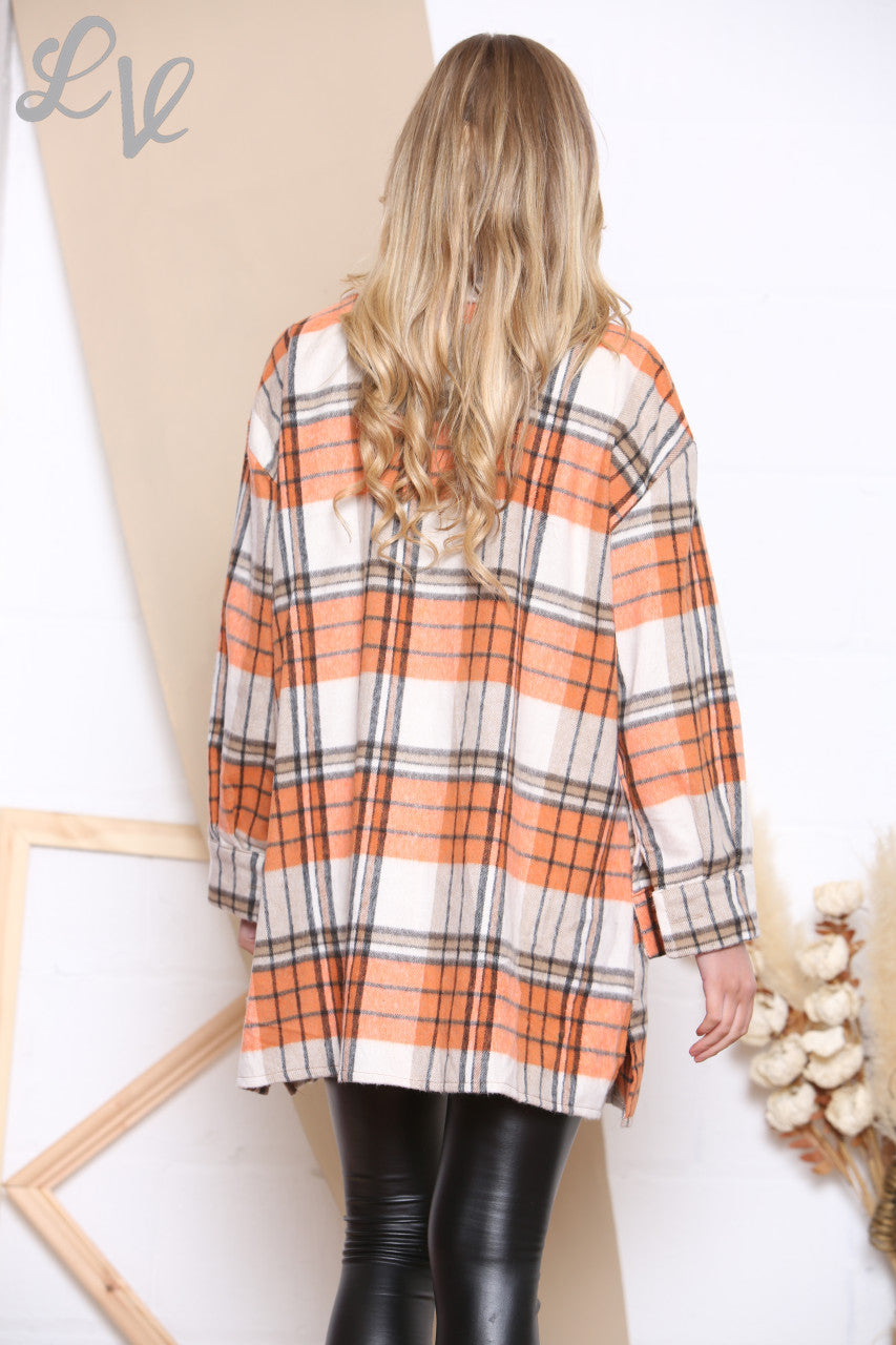 Dames katoenen geruit overhemd oranje per stuk €16,99